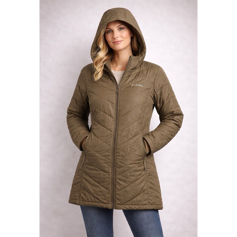 COLUMBIA WOMEN'S XS GREEN HEAVENLY LONG HOODED PARKA QUILTED JACKET GRANOLA SEE